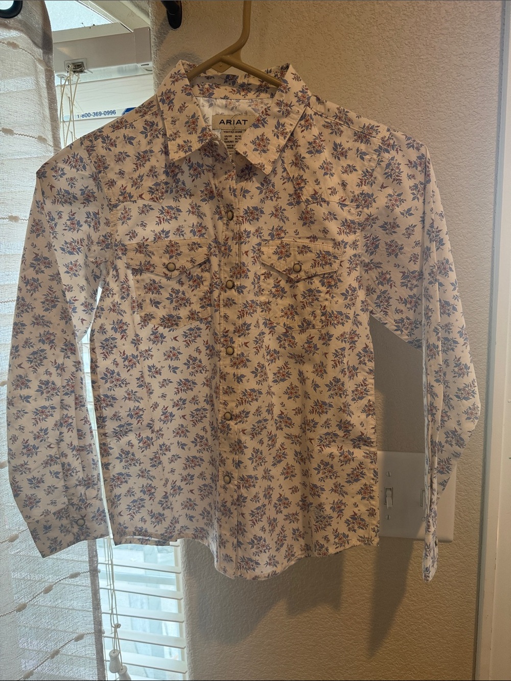 Ariat Girl’sCream Button-Down Shirt with Blue and Pink Floral Print